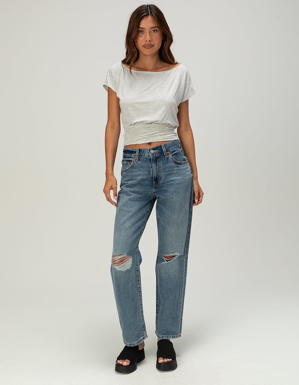 FULL TILT Womens Off The Shoulder Banded Bottom Top - GRAY/WHITE