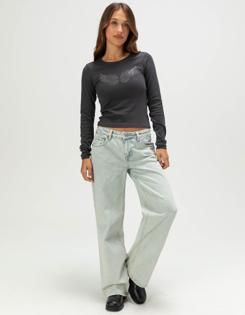 FULL TILT Rhinestone Wing Womens Long Sleeve Top - WASHED BLACK