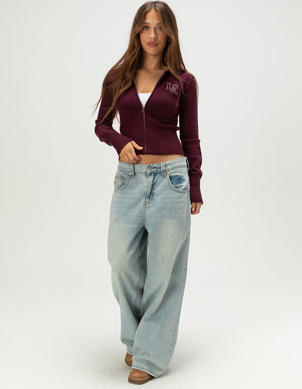 RSQ Womens LA Bow Fill Zip-Up Hooded Sweater - BURGUNDY