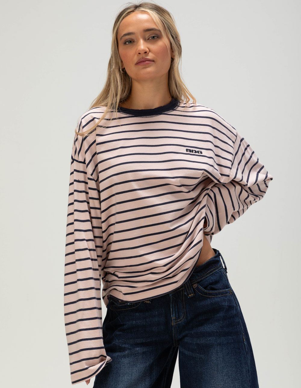 BDG Urban Outfitters Luca Womens Long Sleeve Boxy Tee - PINK COMBO