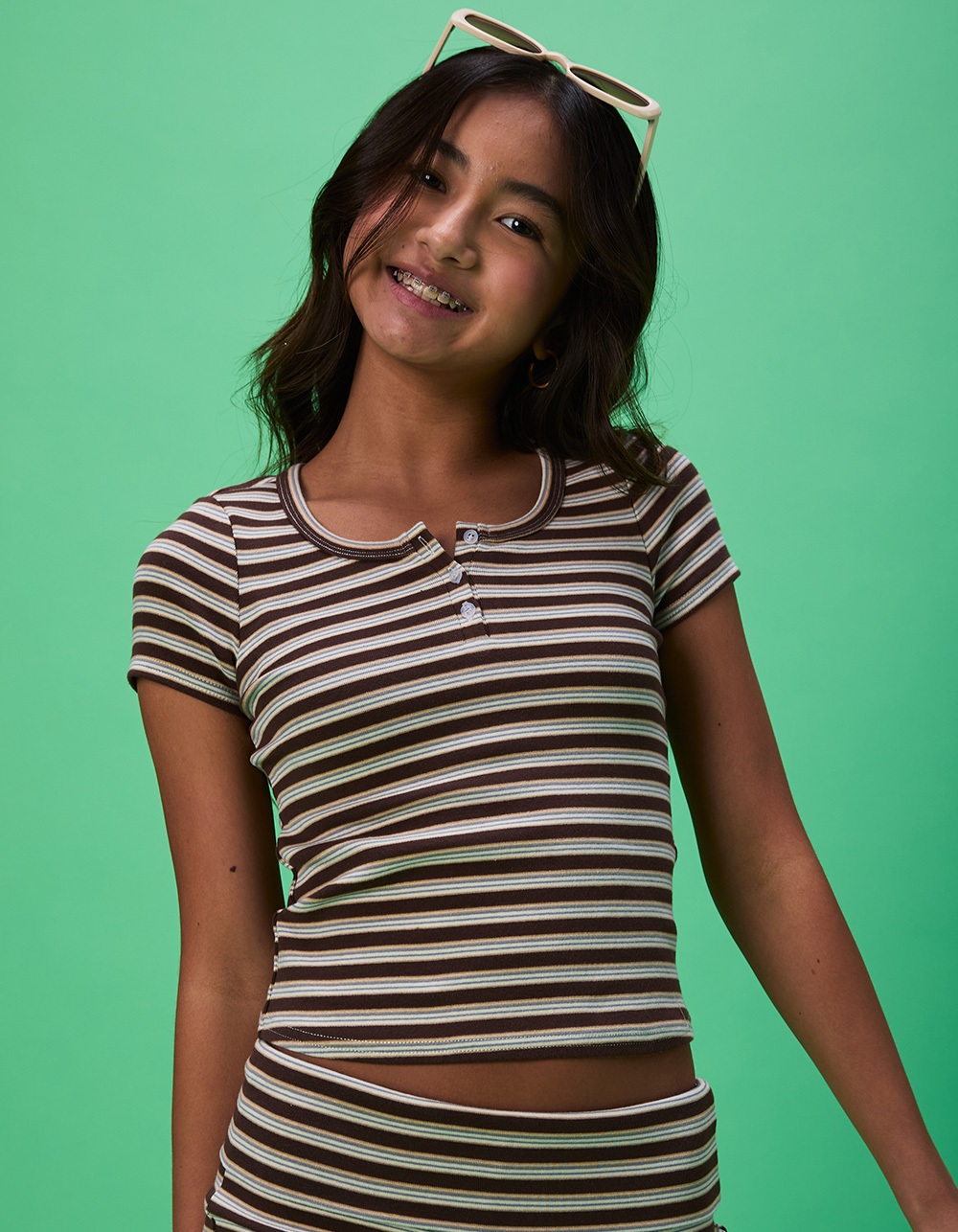 FULL TILT Stripe Girls Henley Top - BROWN COMBO