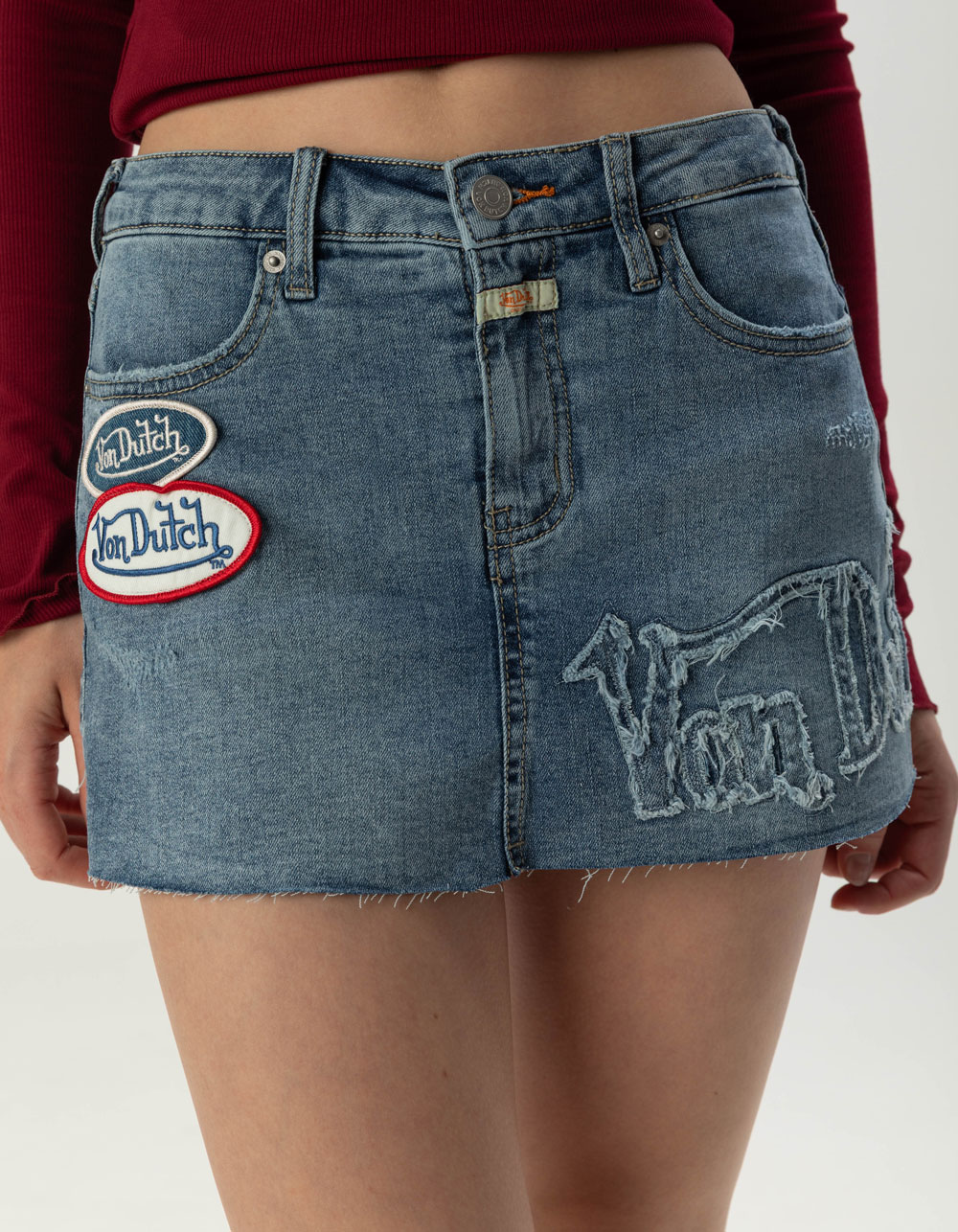 VON DUTCH Womens Low Rise Micro Mini Skort - MEDIUM WASH