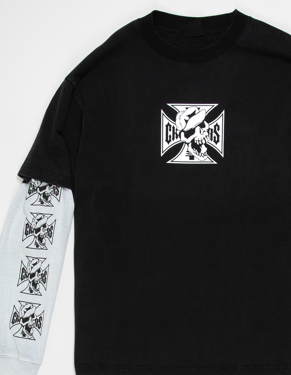 WEST COAST CHOPPERS Skeleton Moto Mens Long Sleeve 2fer Tee - WASHED BLACK