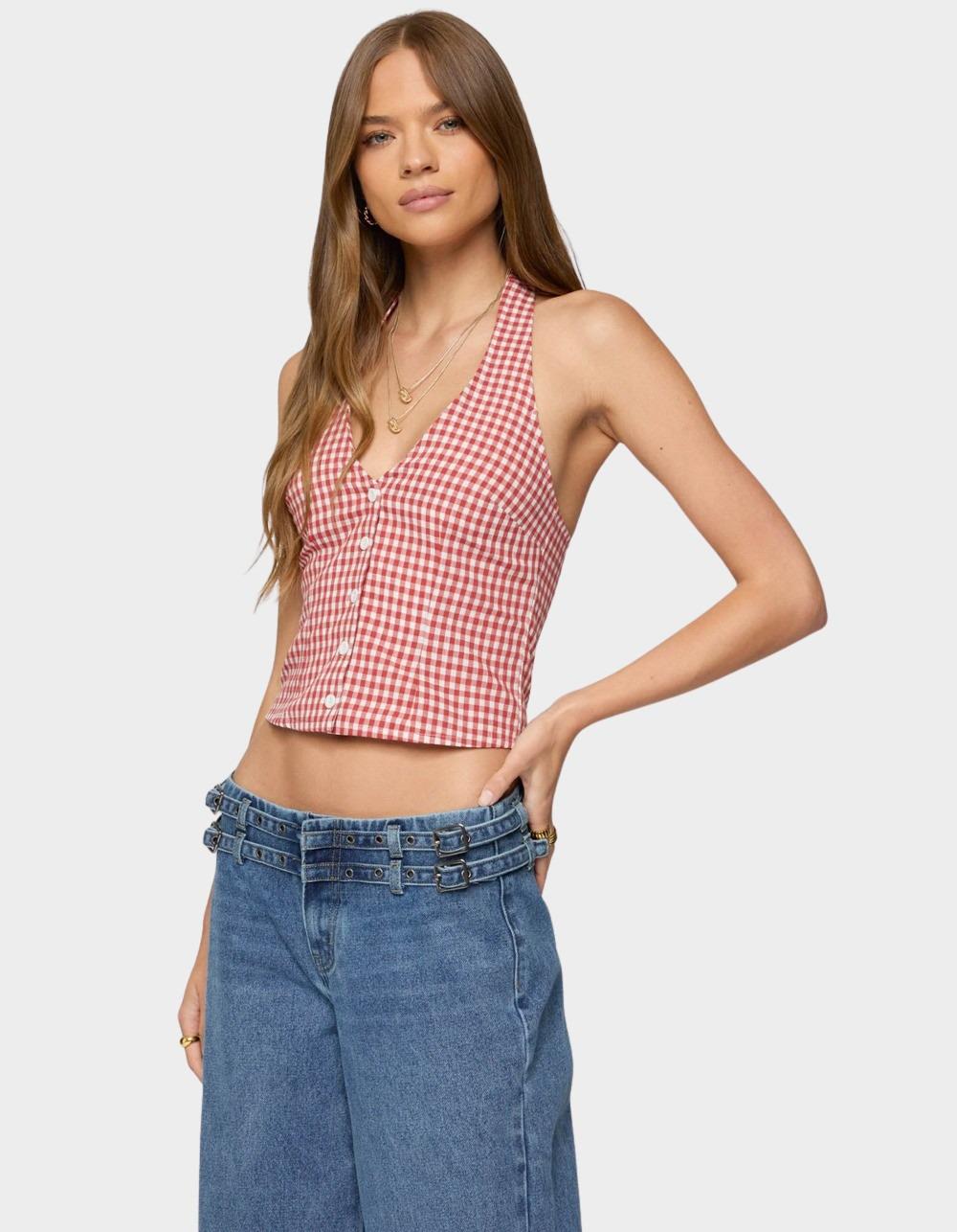 EDIKTED Evan Gingham Button Up Halter Top