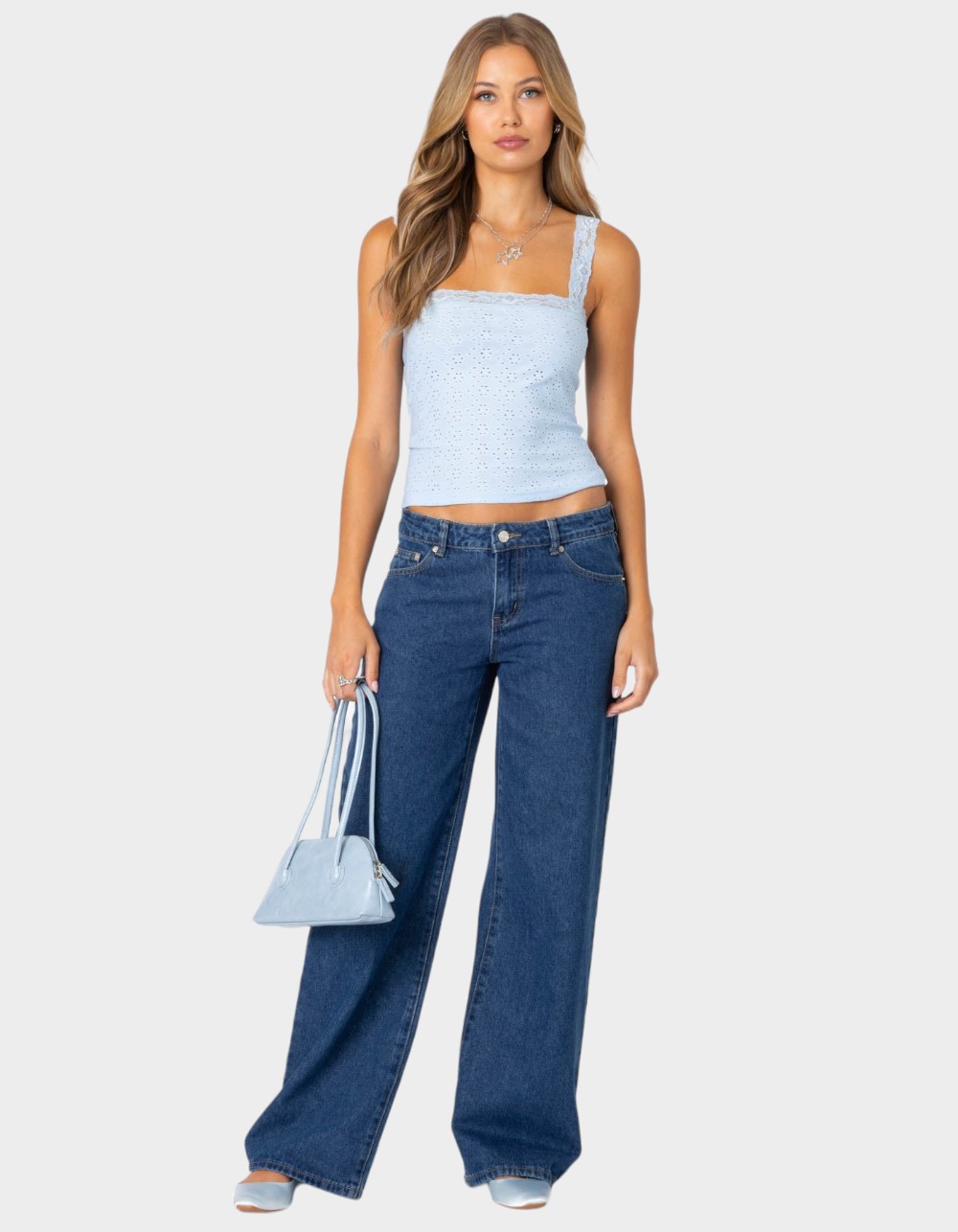 EDIKTED Virginia Lace Trim Eyelet Tank Top - LIGHT BLUE