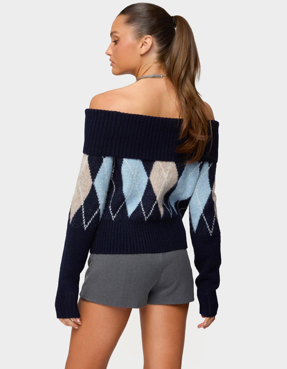 EDIKTED Jakarie Argyle Foldover Sweater - NAVY