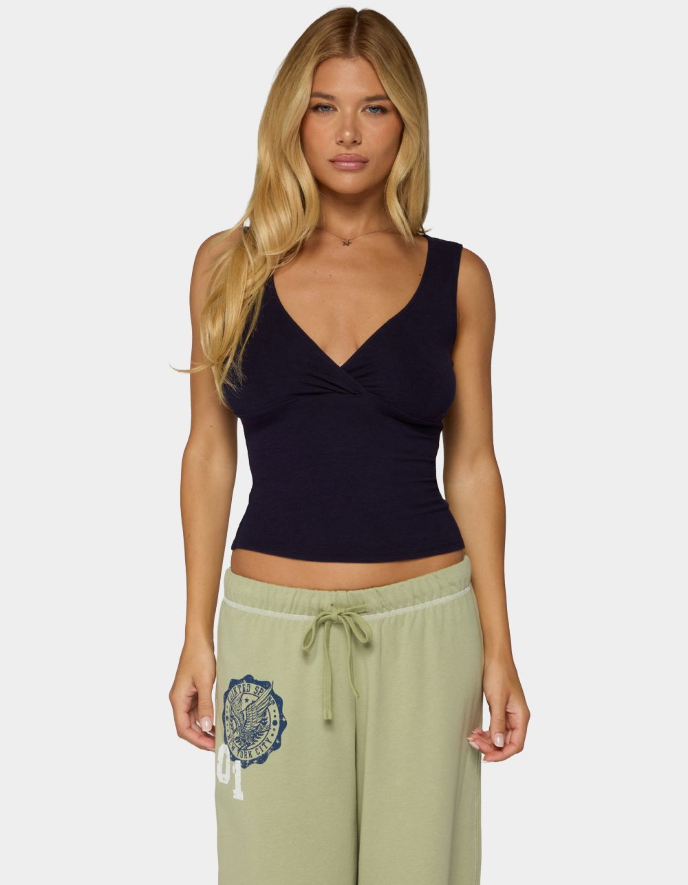 EDIKTED Lalisa V-Neck Ribbed Tank Top - NAVY