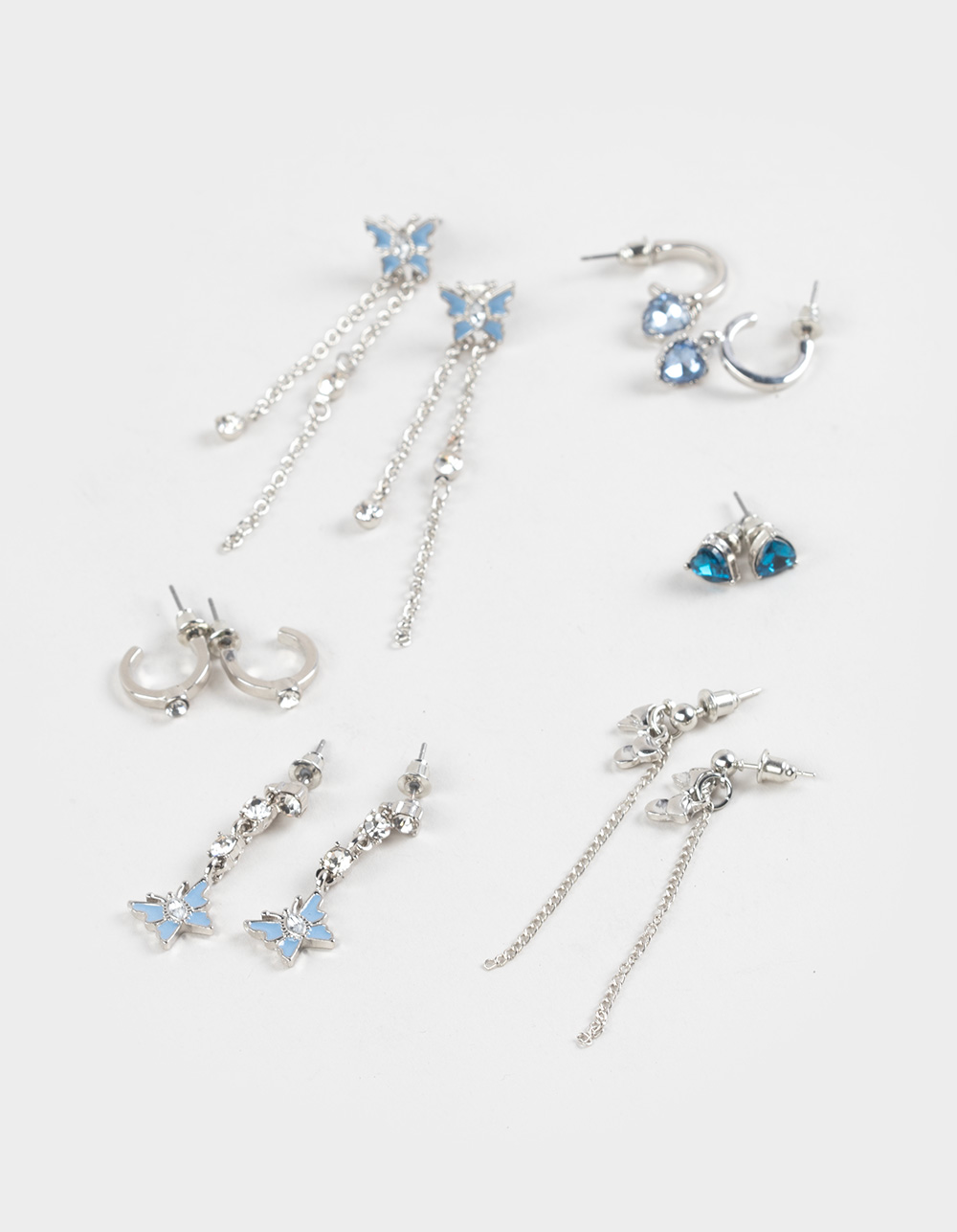 FULL TILT 6 Pack Butterfly/Stone/Hoop Earrings - SILVER