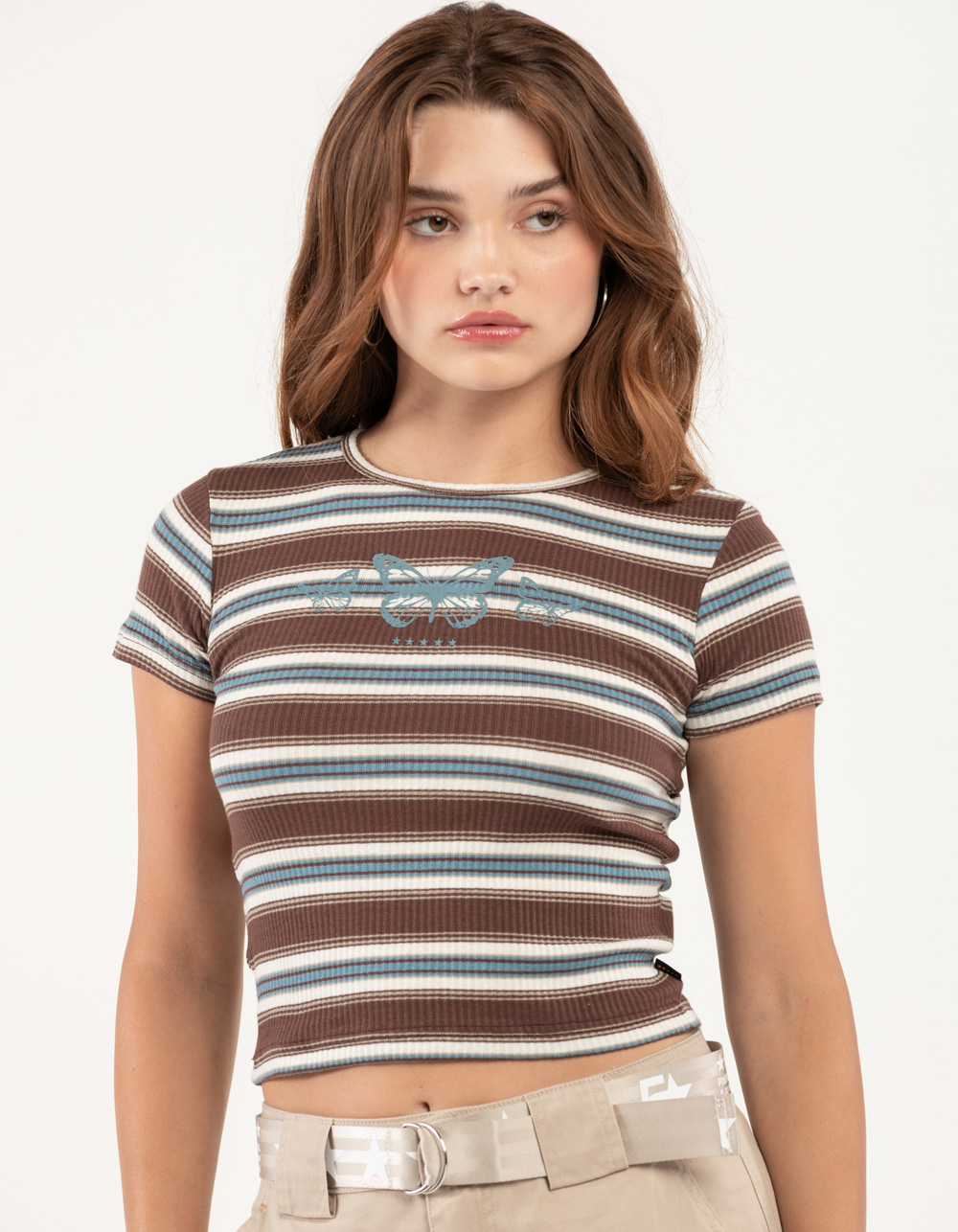 FIVESTAR GENERAL CO. Womens Stripe Ribbed Baby Tee BROWN COMBO Tillys