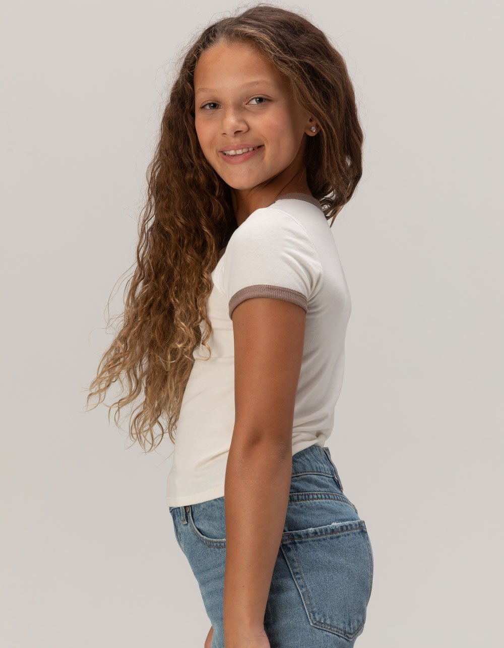 FULL TILT Essentials Girls Ringer Tee - white brown