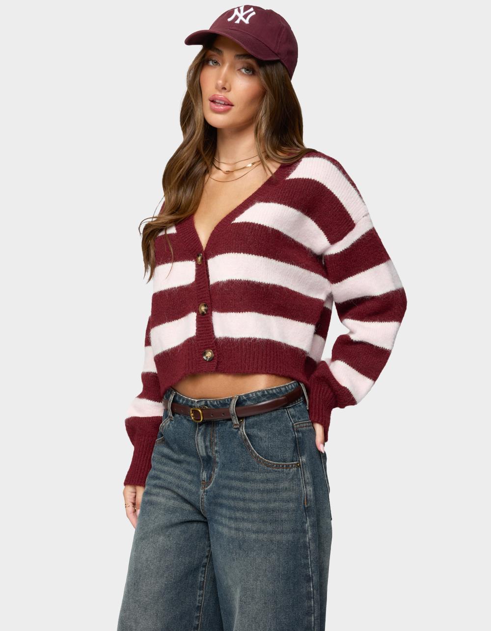 EDIKTED Kaz Striped Knit V-Neck Cardigan - DK RED