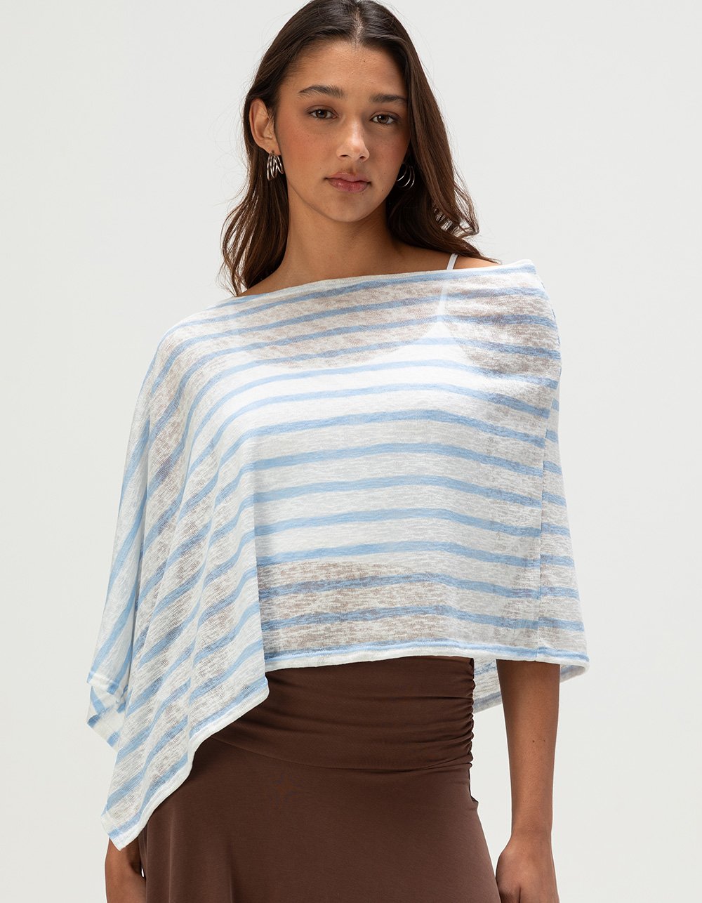 FULL TILT Womens Off The Shoulder Stripe Poncho - BLUE/WHT