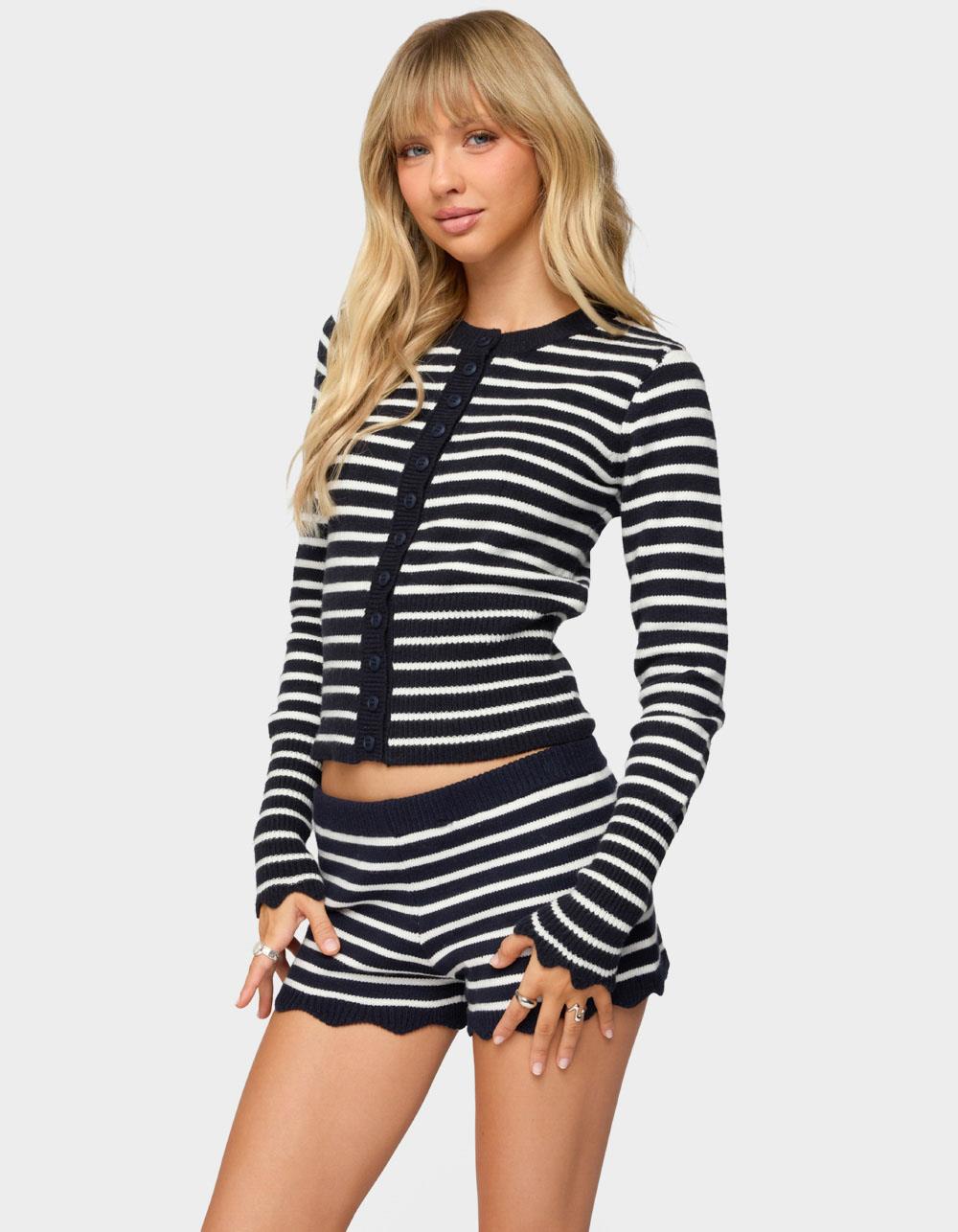 EDIKTED Soren Contrast Striped Knit Cardigan - NAVY