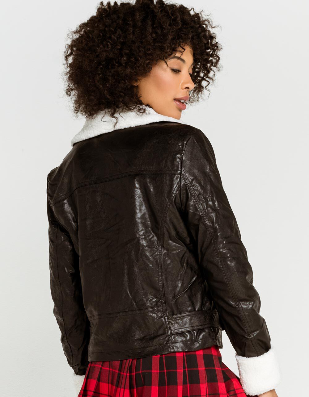 ASHLEY Vegan Leather Sherpa Lined Womens Moto Jacket - BLACK/IVORY | Tillys