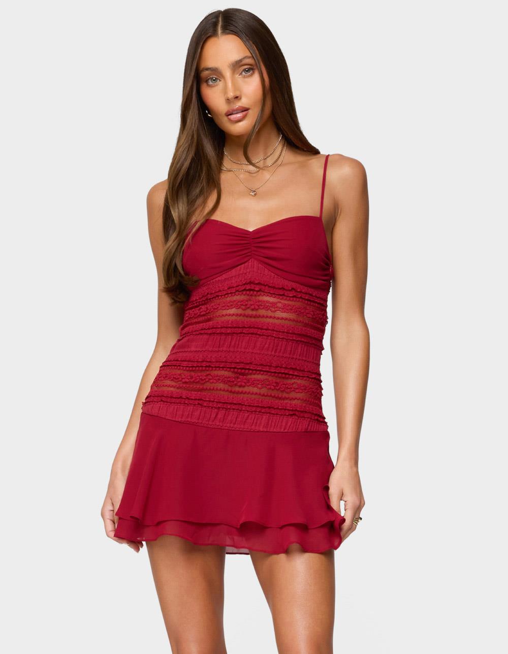 EDIKTED Marcia Chiffon Lacey Mini Dress - RED