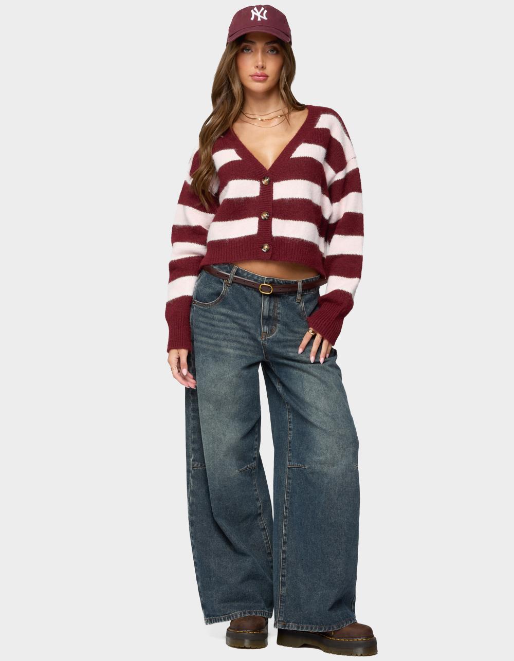 EDIKTED Kaz Striped Knit V-Neck Cardigan - DK RED