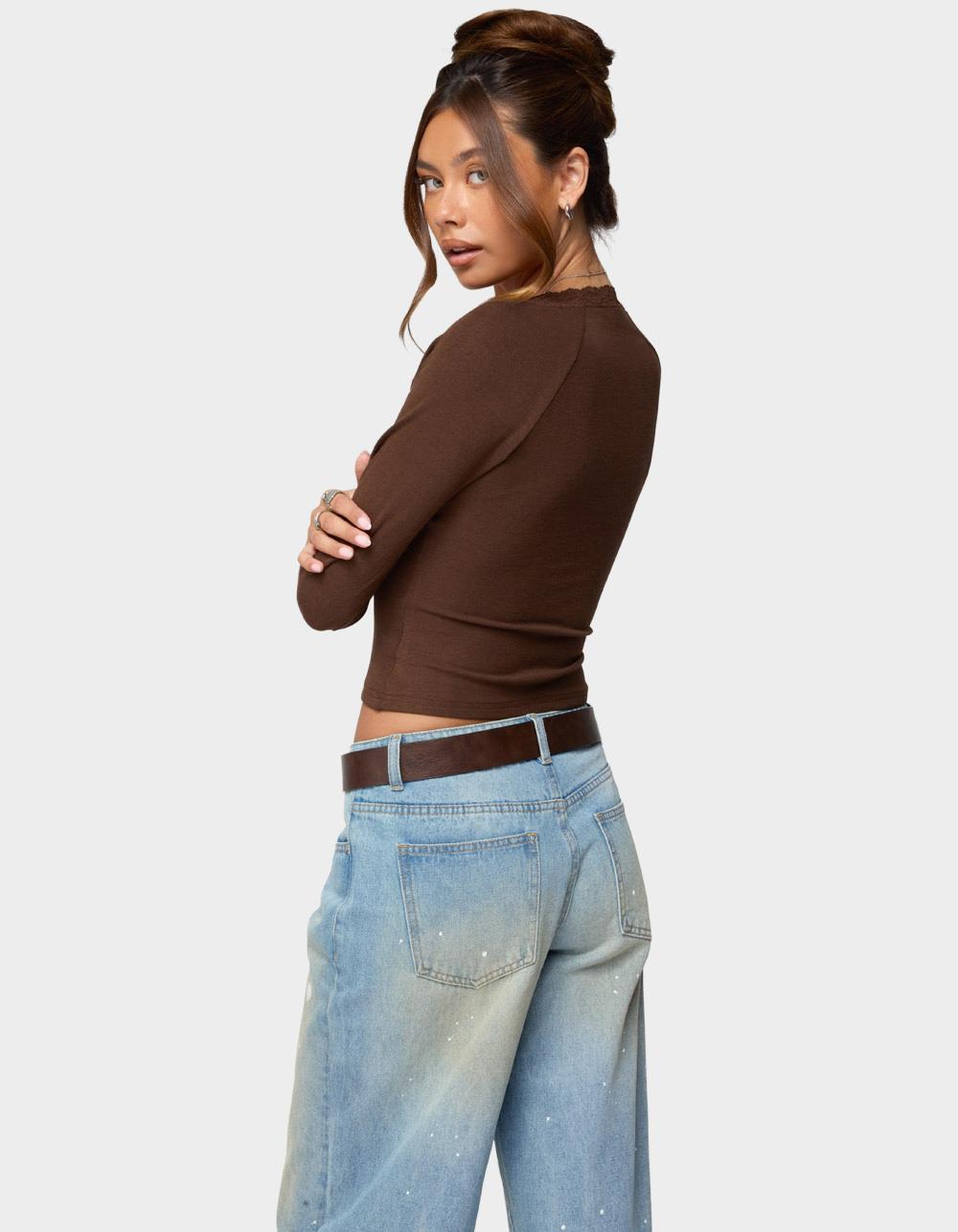 EDIKTED Shanah Lacey Henley Top - BROWN