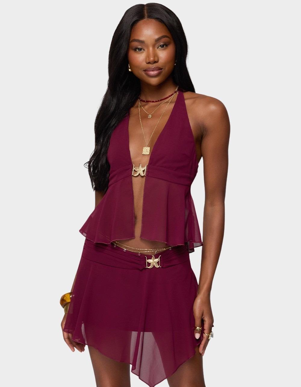 EDIKTED Sea Star Chiffon Split Front Top - DK RED