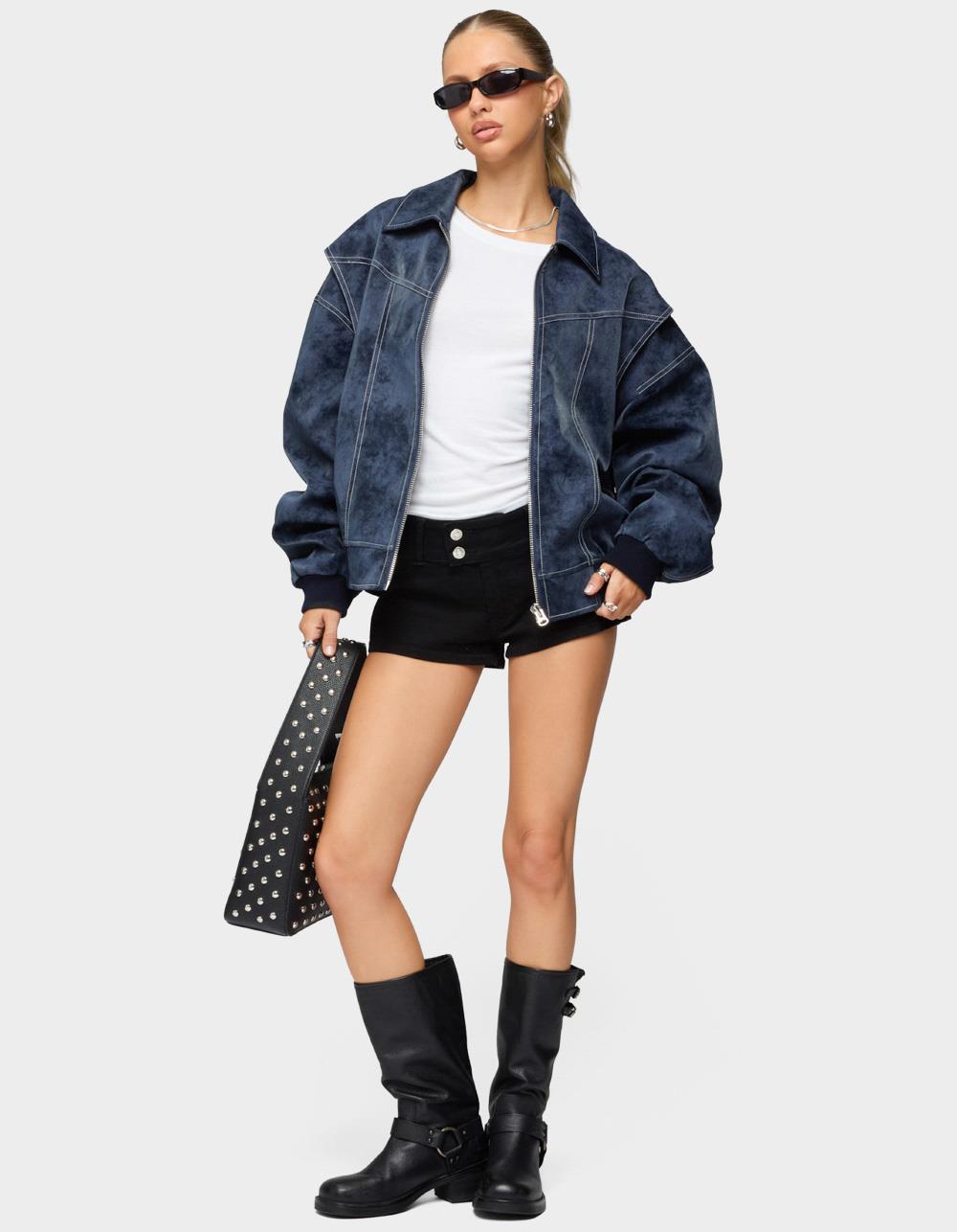 EDIKTED Ownley Oversized Faux Leather Bomber Jacket - NAVY