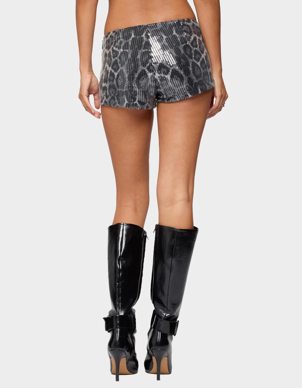 EDIKTED Sequin Leopard Printed Micro Shorts - BLACK