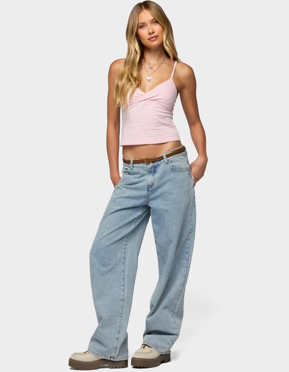 EDIKTED Emilea  V-Neck Striped Tank Top - LIGHT PINK