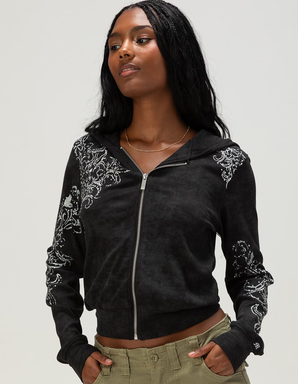 MISS ME Rhinestone Womens Fitted Zip-Up Hoodie - BLACK