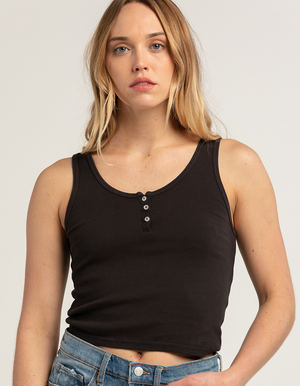 FULL TILT Womens Henley Tank Top BLACK Tillys