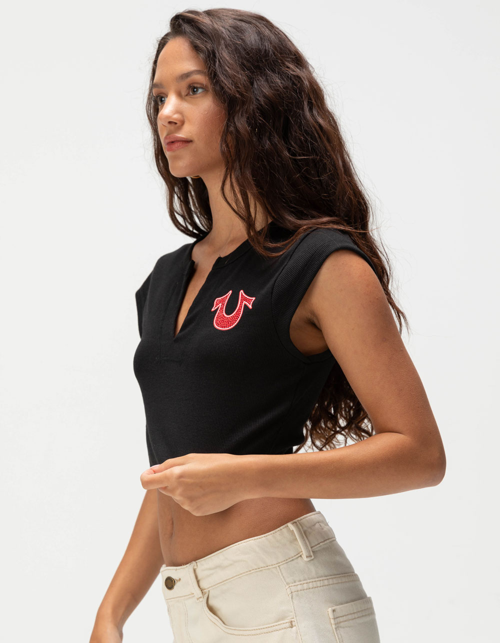 TRUE RELIGION Number Womens Notch Crop Tee