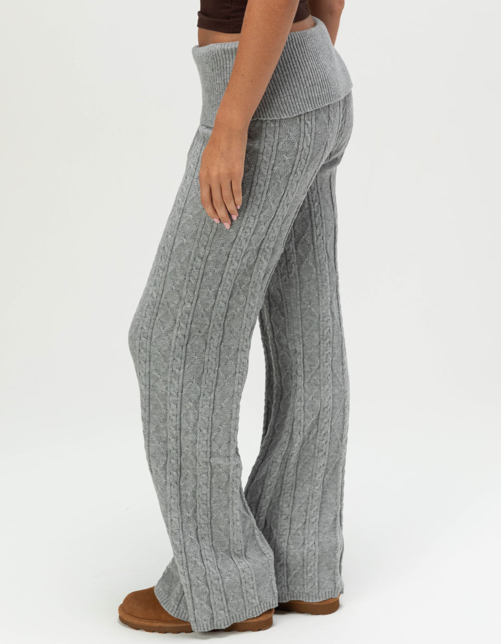 FULL TILT Cable Knit Womens Fold Over Pants - HEATHER GRAY