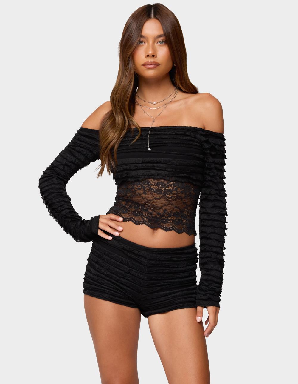 EDIKTED Tauri Lacey Ruffled Off Shoulder Top - BLACK