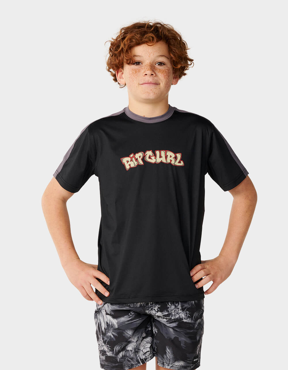 RIP CURL Surf Shack Panel UPF Boys Short Sleeve Tee - BLACK