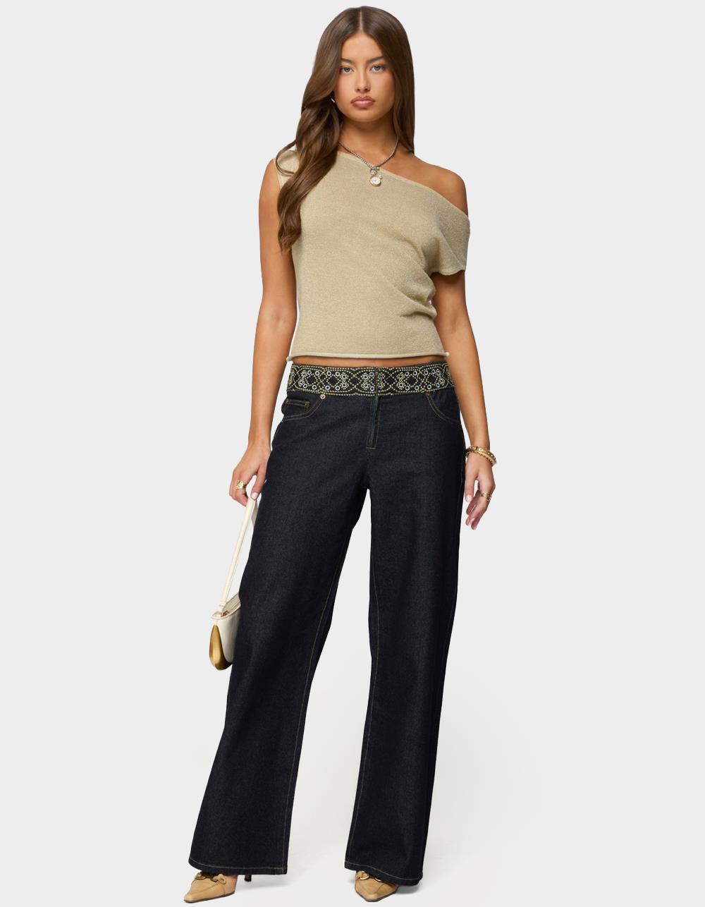 EDIKTED Carlie Embroidered Low Rise Wide Leg Jeans - DARK BLUE