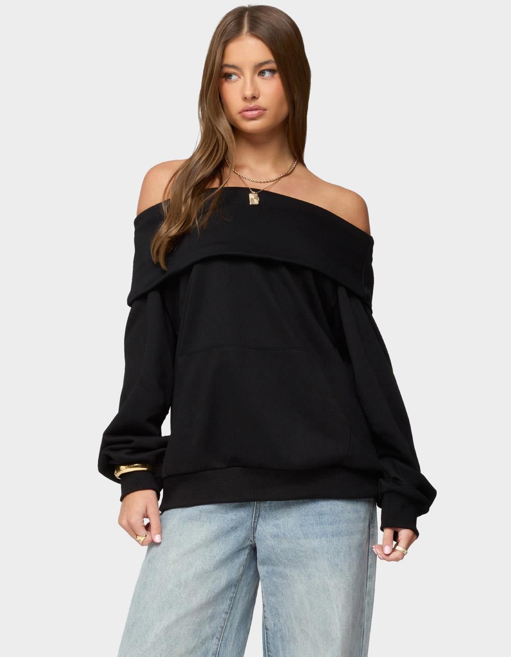 EDIKTED Ashlee Oversized Foldover Sweatshirt - BLACK