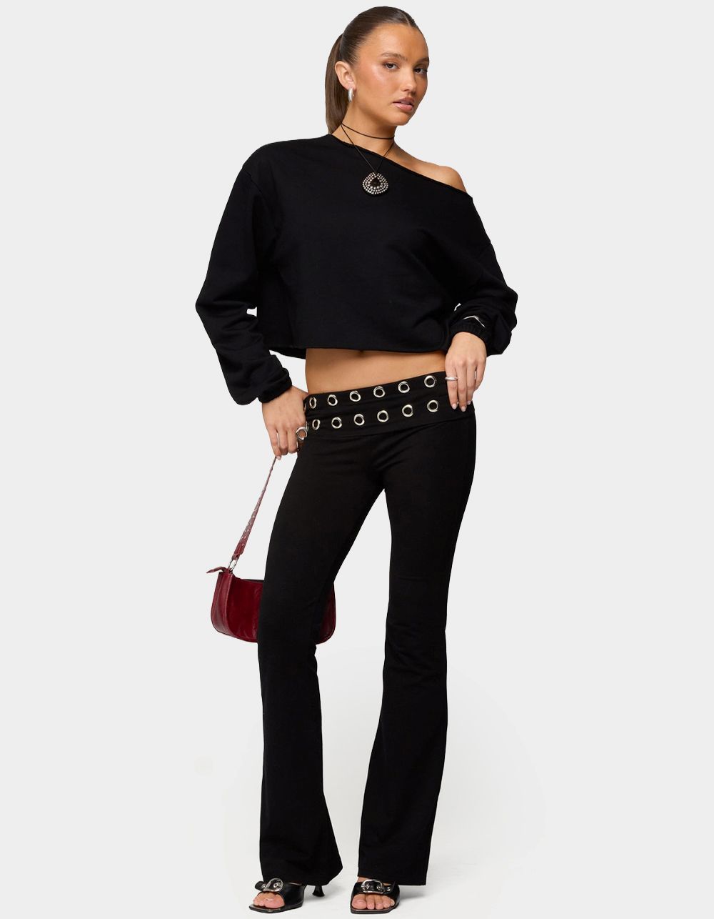 EDIKTED Nairobi Grommet Foldover Flared Leggings - BLACK