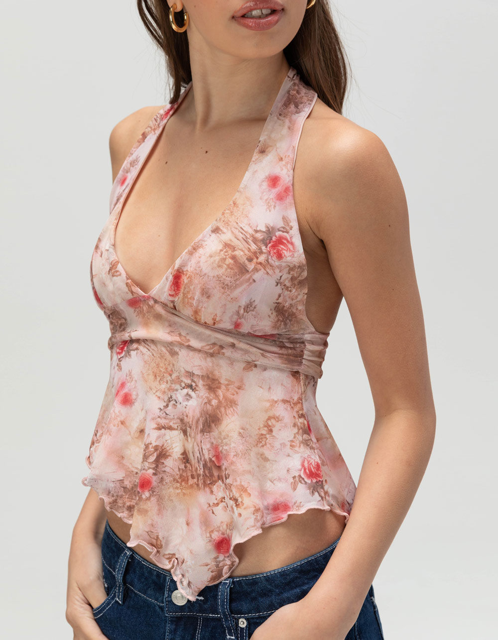FULL TILT Mesh Hanky Womens Halter Top - PINK COMBO