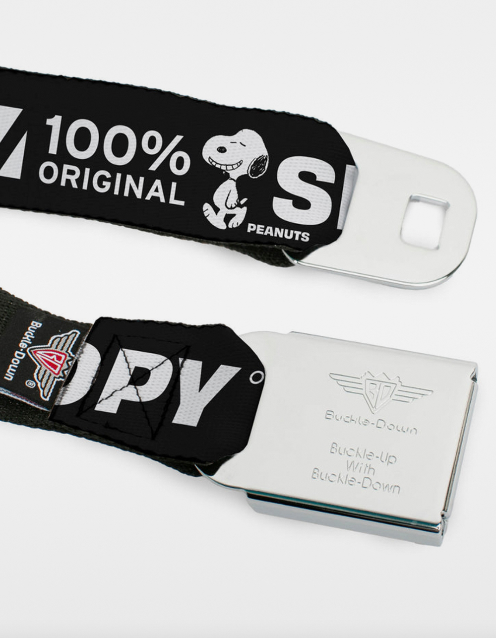 BUCKLE-DOWN Peanuts Snoopy Care Symbols Seatbelt Belt - BLACK COMBO