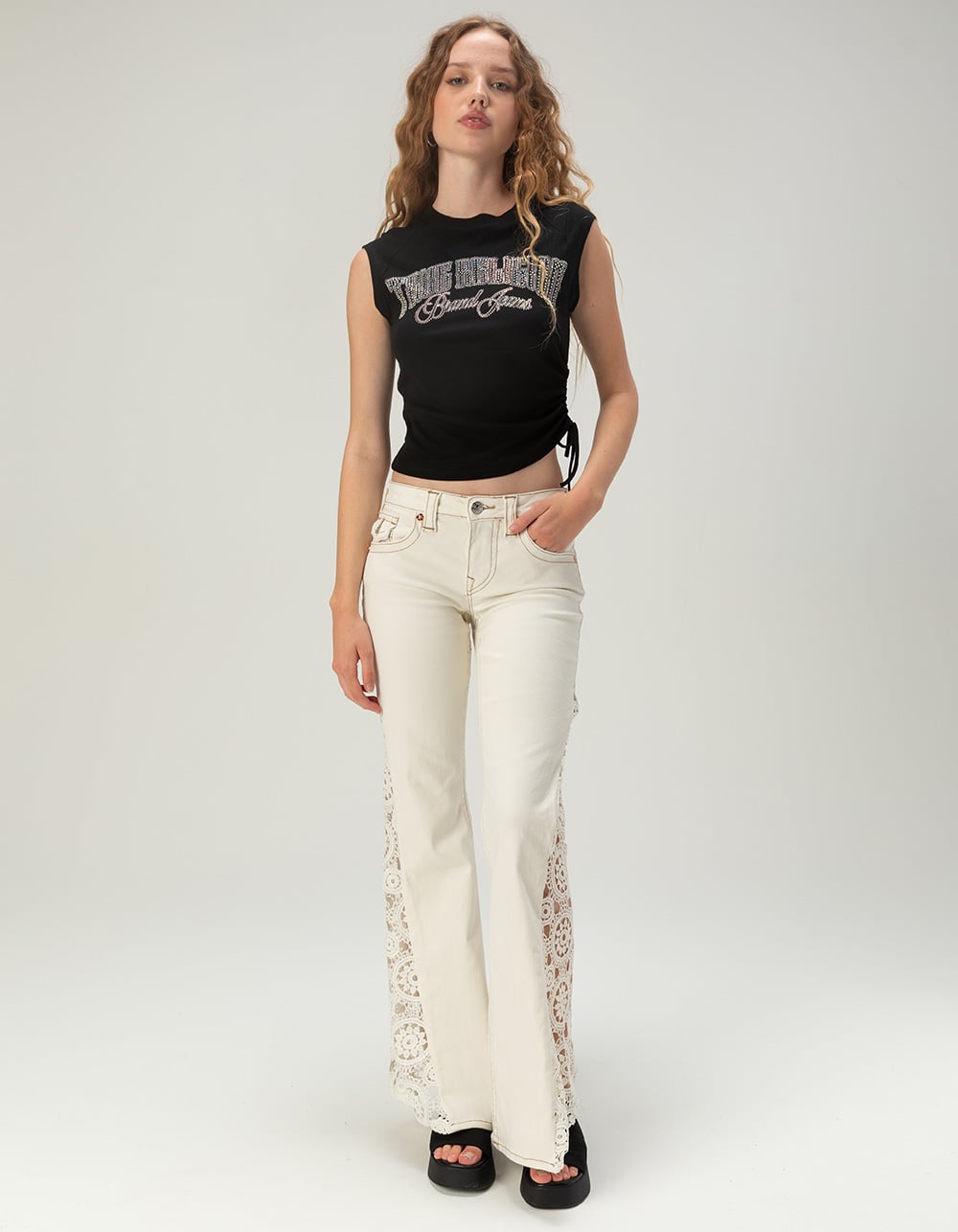 TRUE RELIGION Crochet Mid Rise Flap Womens Flare Jeans - WHITE