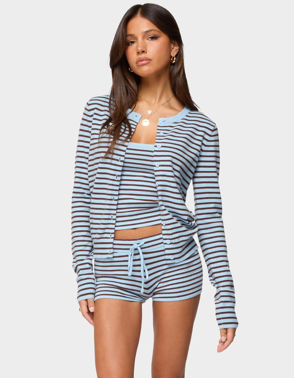 EDIKTED Lillian Striped Button Up Knit Cardigan - LIGHT BLUE