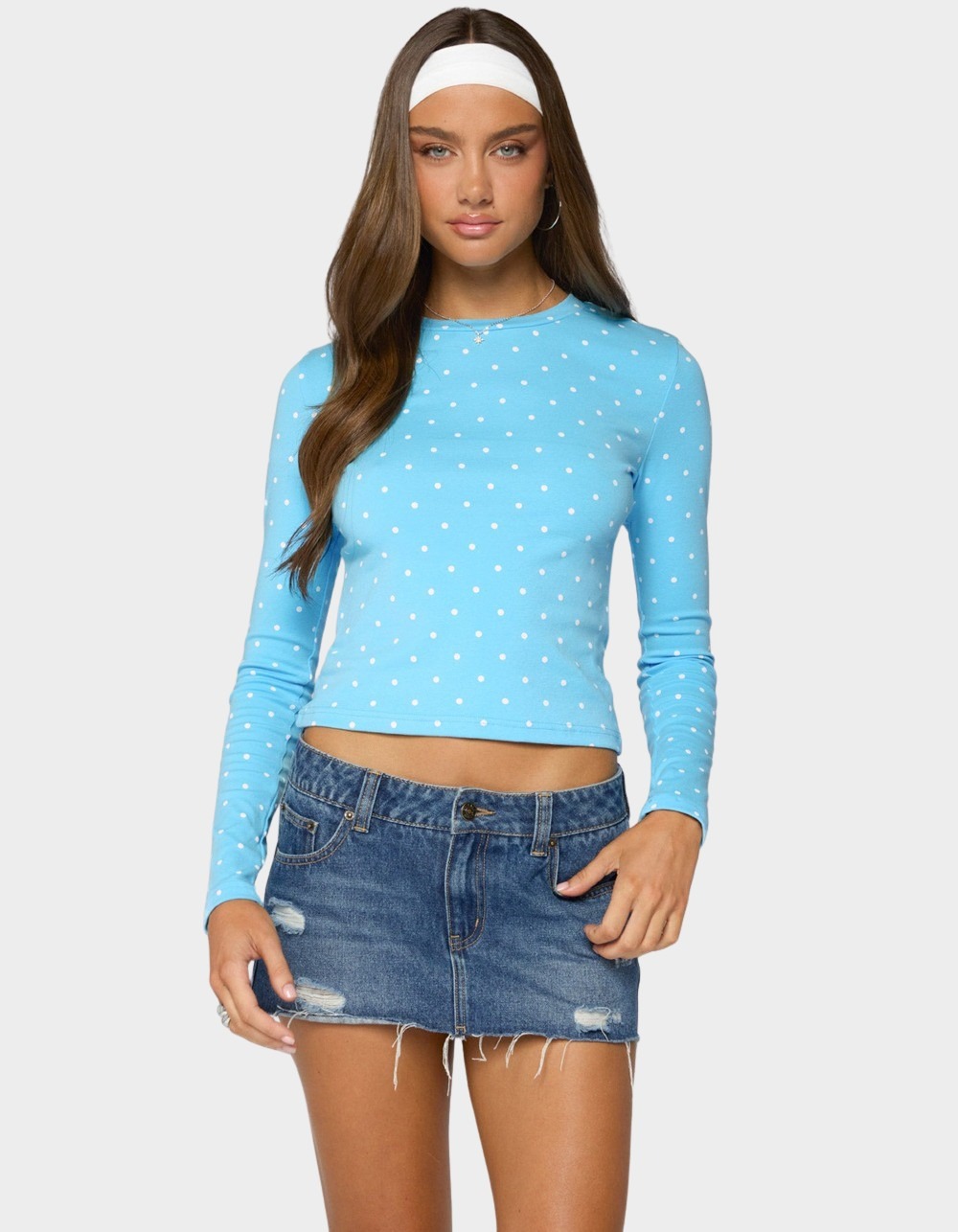 EDIKTED Daliya Polka Dot Long Sleeve Top - BLUE