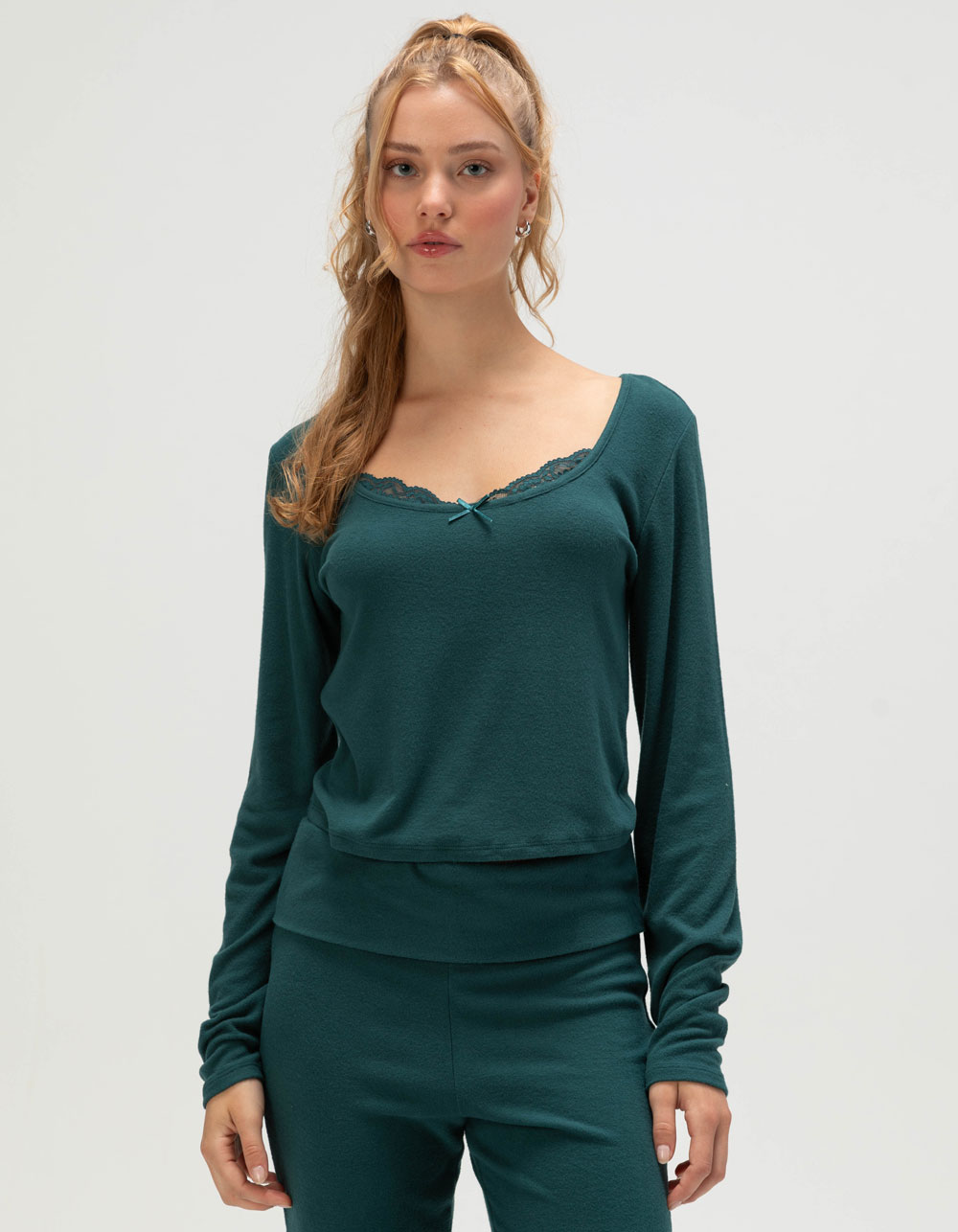 FULL TILT Brushed Lace Trim Womens Long Sleeve Top