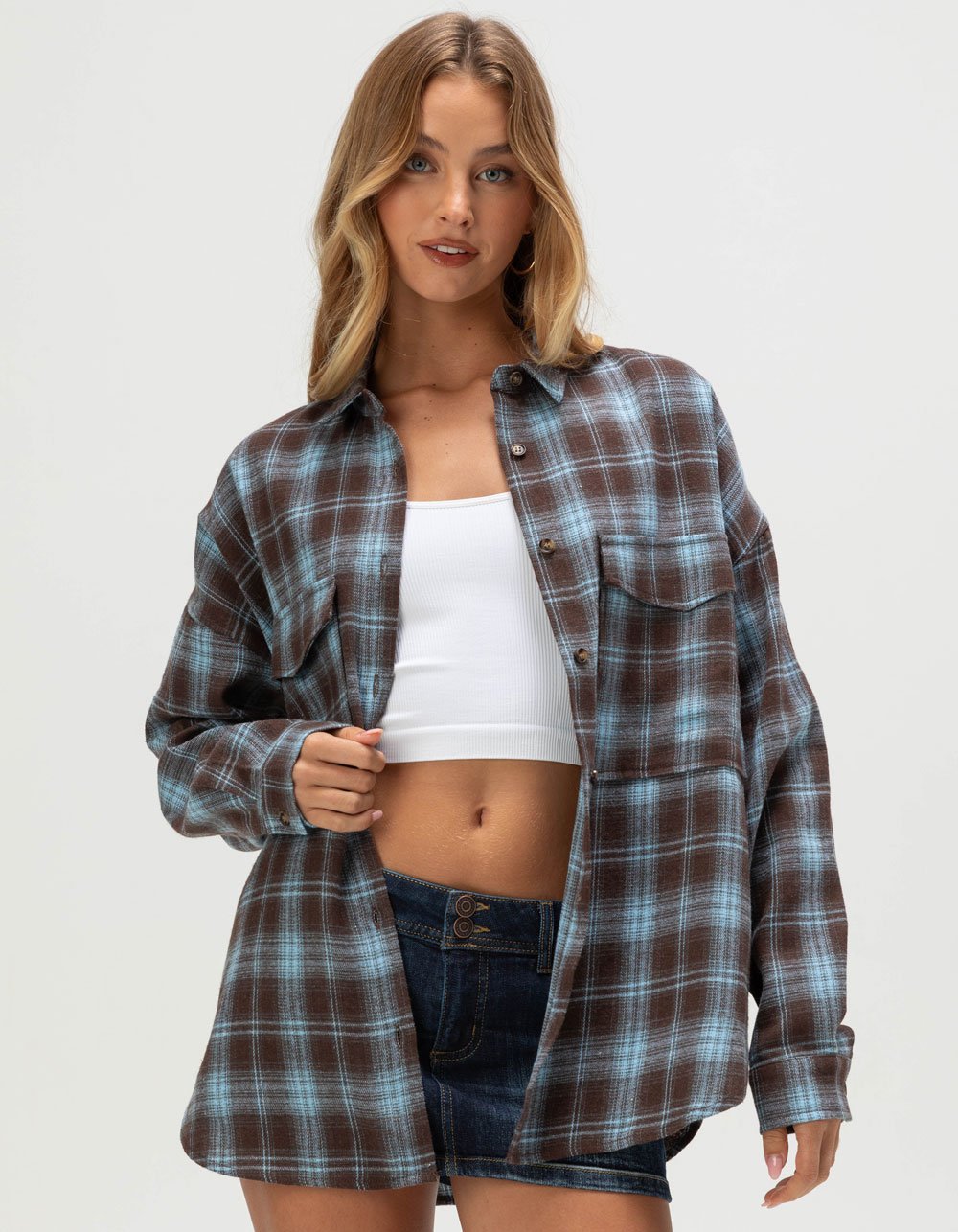 ACOA Womens Oversized Flannel - BROWN/BLUE