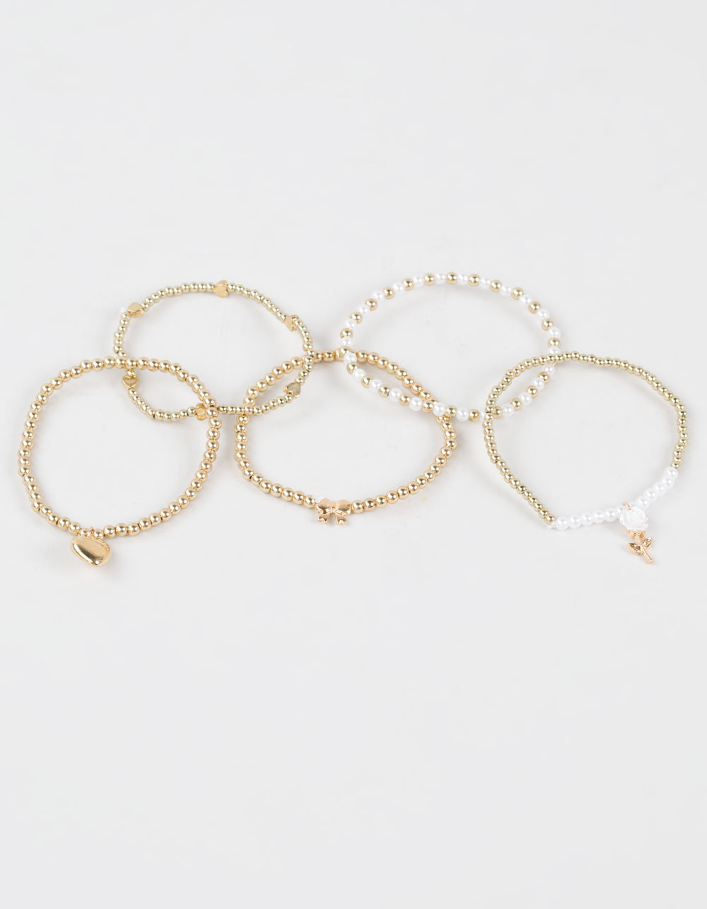 FULL TILT 5 Pack Rose/Bow/Heart Beaded Bracelets - GOLD