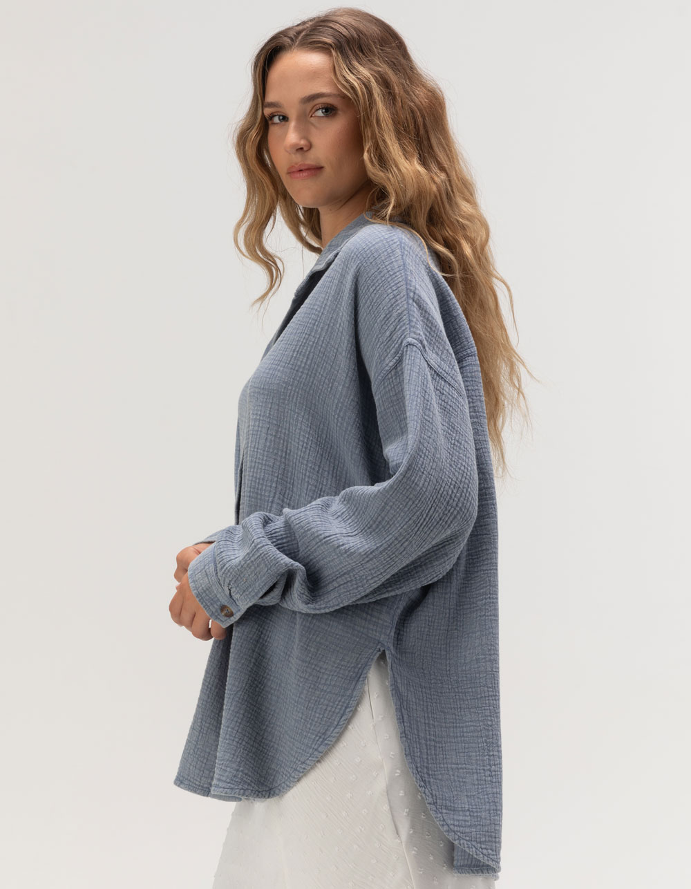 ROXY Morning Time Womens Long Sleeve Button Up Shirt - BLUE