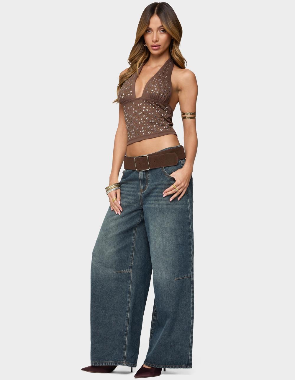 EDIKTED Santi Low Rise Wide Leg Jeans - DARK BLUE