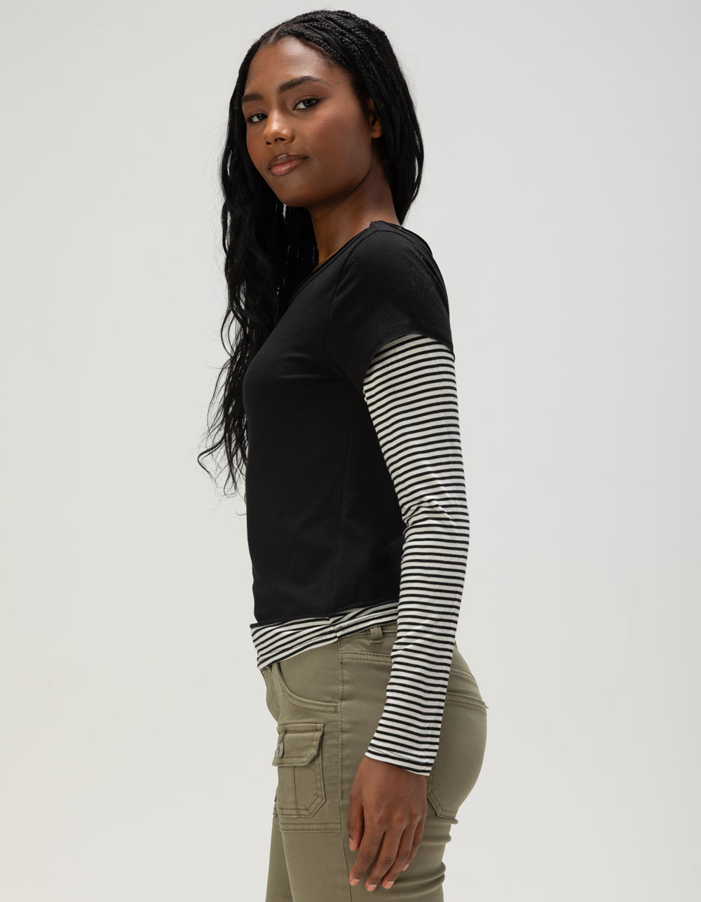 FULL TILT Stripe Womens Long Sleeve 2fer Tee - BLK/WHT