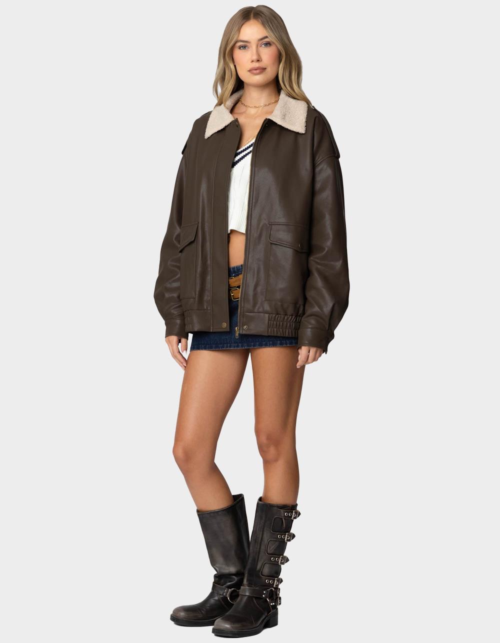 EDIKTED Ann Oversized Faux Leather Jacket - BROWN