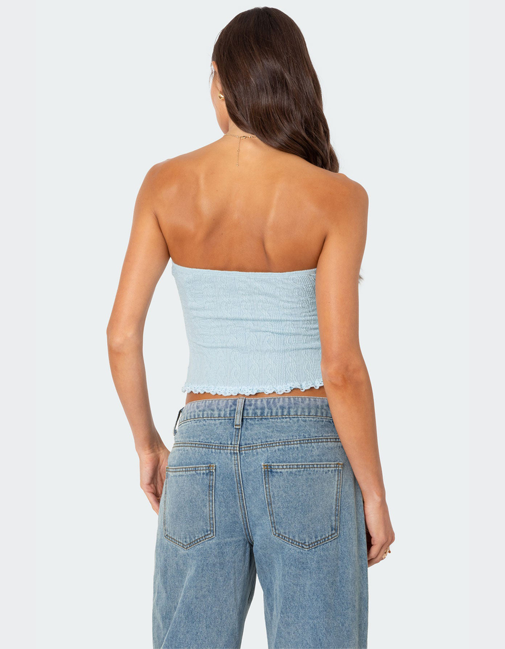 EDIKTED Lacey Knit Tube Top - LIGHT BLUE