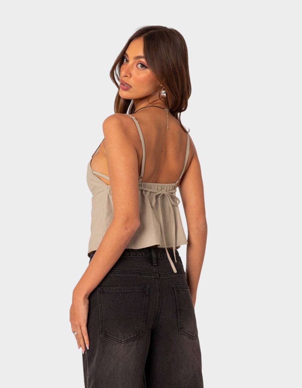 EDIKTED Linen Open Back Top - DK GREEN