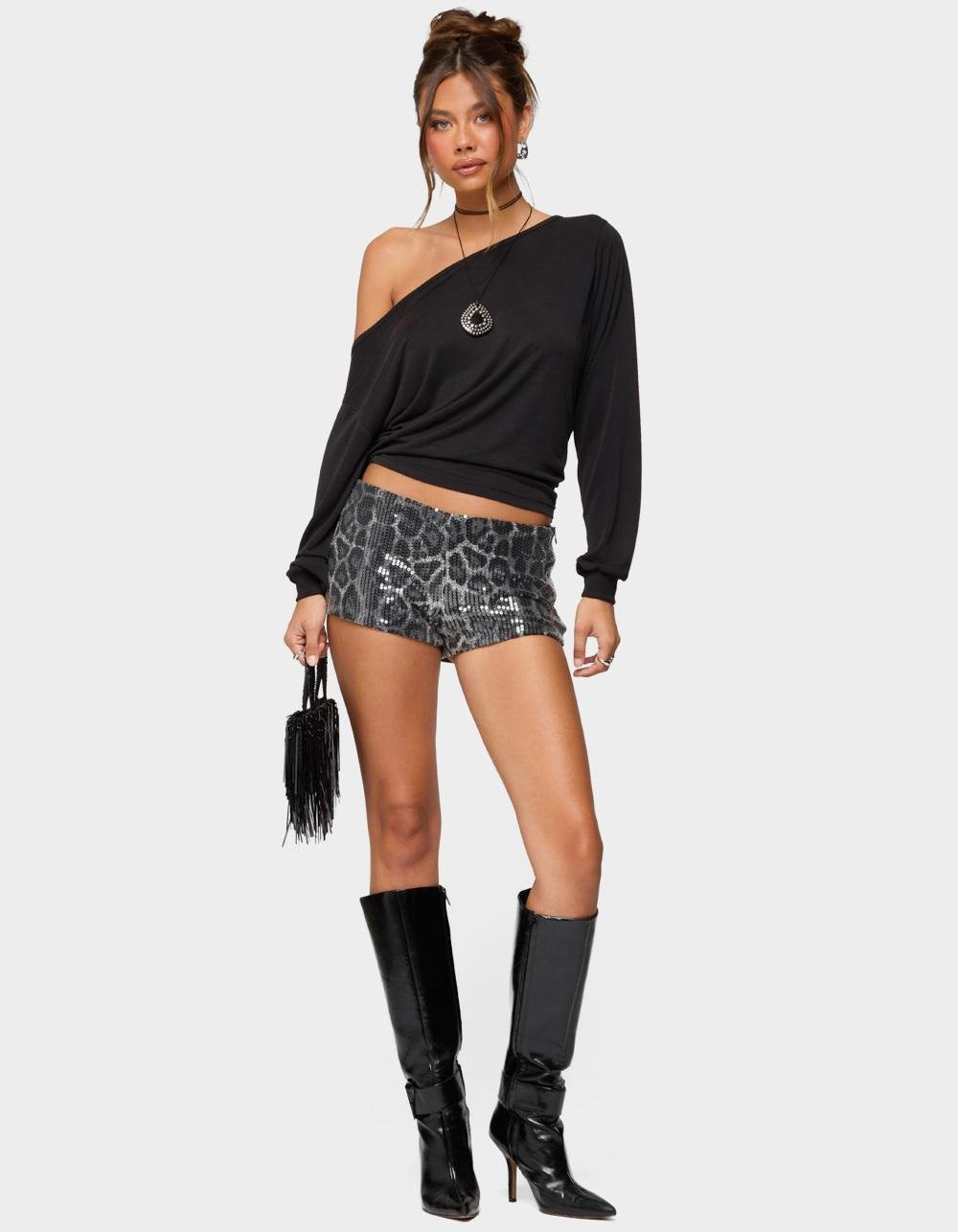 EDIKTED Nannie Off Shoulder Oversized Top - BLACK