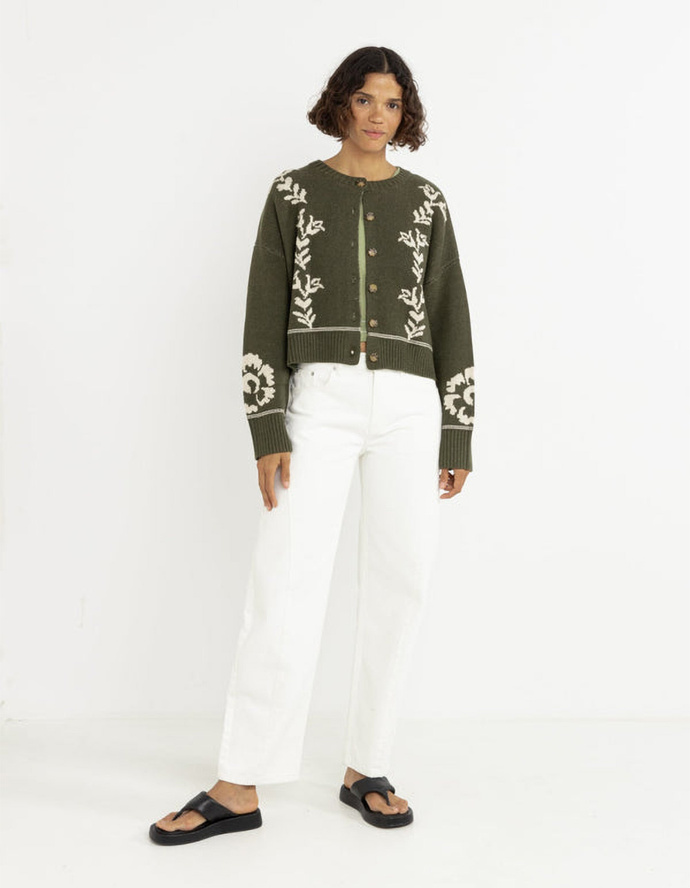 RHYTHM Antique Floral Womens Crop Cardigan - OLIVE